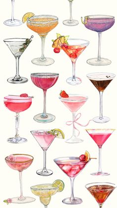 a bunch of different kinds of glasses with fruit in them on a white background, watercolor drawing