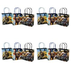 four bags with images of anime characters on them