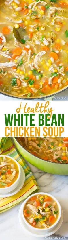 two pictures showing different types of white bean chicken soup