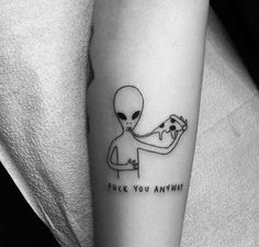 an alien holding a piece of pizza with the words f k you anyway on it