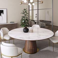 a dining room table with white chairs and a potted plant on the table in front of it