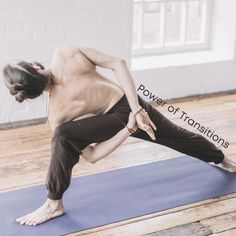 a man is doing yoga on a mat with the words power or transitions in front of him