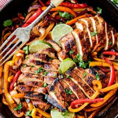 chicken fajita skillet with peppers, onions and cilantro