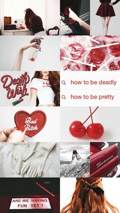 a collage of photos with the words dead wish written on them and pictures of cherries