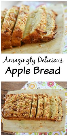 an apple bread is cut into slices and sitting on a cutting board with the words, amazing