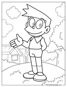 a cartoon boy with glasses standing in front of a house and holding his thumb up