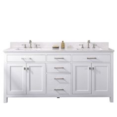 a white double sink vanity with two mirrors and faucets on the top, in front of a white background