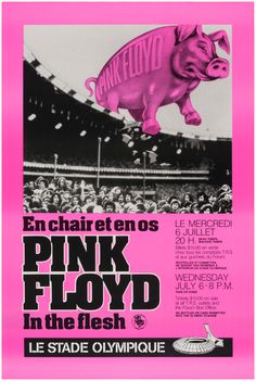 the pink floyd concert poster for london's wembley stadium in 1970, with an image of a pig flying through the air