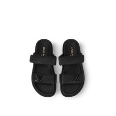 LOUIS VUITTON® - Lv Sunset Flat Comfort Mule - Black Louis Vuitton Flip Flops, Lv Sandals, Louis Vuitton Slippers, Louis Vuitton Slides, Luxury Tote Bags, High End Shoes, Jordan Shoes Girls, Shoes Heels Classy, Louis Vuitton Fashion