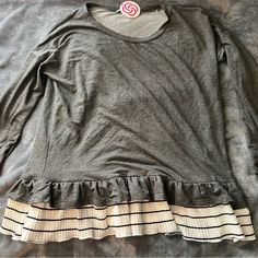 Boutique Style Long Sleeved Shirt, With Striped Ruffles, Soft And Stylish. Gray Casual Ruffled Tops, Gray Ruffled Casual Top, Casual Gray Ruffled Top, Casual Gray Ruffle Top, Gray Ruffled Tops For Fall, Camo Skirt, Carhartt Womens, Size 16 Women, White Crewneck