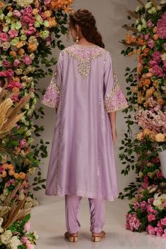 Mauve short A-line kurta featuring gota, moti and sequin embellishment. Paired with a salwar and a sheer pink dupatta. - Aza Fashions Designer Spring Dresses With Gota Work, Fitted Kurta For Spring Reception, Fitted Spring Sharara With Gota Work, Spring Fitted Sharara With Gota Work, Spring Reception Sets With Dabka Work, Pink Dupatta, Sequin Embellishment, Women Kurta, A Line Kurta