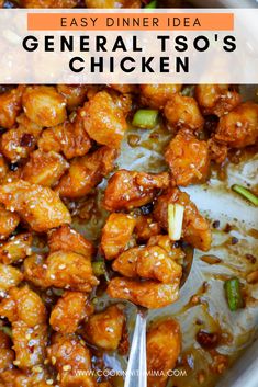 a bowl full of general tso's chicken with the words easy dinner idea