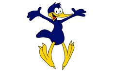 a cartoon bird with its arms out and eyes wide open, standing on one leg