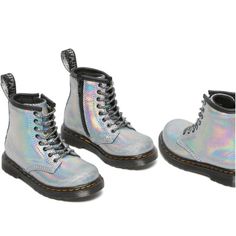 Silver Irredescent Reptile Unisex Girls Size 4 Or Boys Size 3 Boots Nib Silver Glitter Boots With Round Toe, Silver High-top Boots For Winter, Casual Silver Winter Boots, Trendy Silver Boots With Round Toe, Silver Shiny Boots With Round Toe, Kids Black Boots, Doc Martens 1460, Shoes Dr Martens, Girl Boots