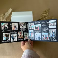 a hand holding an open photo album with photos on it