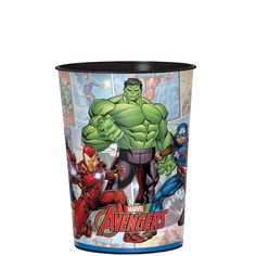 a plastic cup with the avengers characters on it