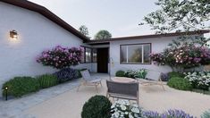 an artist's rendering of a house with flowers in the front yard and patio