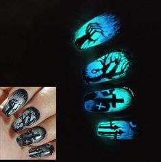 Cool Halloween Nails Acrylic, Spooky Halloween Nails Glow In The Dark, Glow Halloween Nails, Glow In The Dark Nails Halloween, Halloween Nails Glow In The Dark, Glow In The Dark Halloween Nails, Glow In Dark Nails, Neon Halloween Nails, Neon Goth