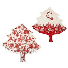 two red and white christmas tree shaped plates