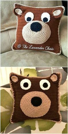 crocheted teddy bear pillow with eyes and nose on the front, and in the back