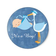 it's a boy sticker with a stork and baby in blue