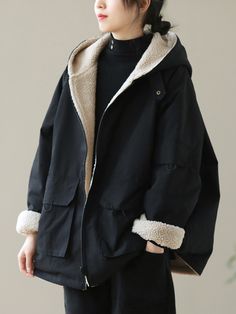 Winter Typ, Hoodie Coat, Style Noir, Black Zip Ups, Solid Clothes, Hooded Coat, Cotton Hoodie, Padded Jacket, Keep Warm