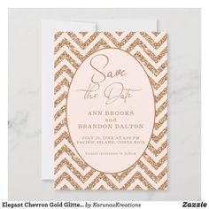 save the date card with gold glitter on pink and white chevrons, featuring an oval