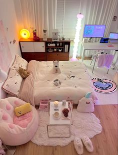 a bed room with a neatly made bed and stuffed animals on the floor next to it