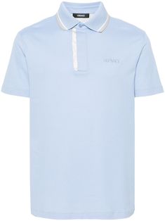 light blue cotton silk piqué weave stripe detailing polo collar short sleeves Barocco-pattern placket embroidered logo at the chest straight hem concealed short front button fastening Luxury Short Sleeve Polo Shirt With Striped Collar, Luxury Polo Shirt With Striped Collar, Luxury Short Sleeve Top With Striped Collar, Luxury Polo Shirt With Collared Neckline, Luxury Blue Polo Collar Top, Luxury Blue Collared Polo Shirt, Elegant Cotton Polo Shirt With Striped Collar, Designer Blue Cotton Polo Shirt, Versace Polo