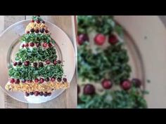 a christmas tree shaped cake sitting on top of a white plate next to an image of a salad covered in cheese and cranberries