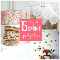 a collage of pictures with balloons, cake and sprinkles on it