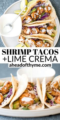 shrimp tacos and lime crema on a plate