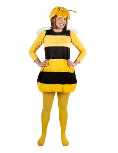 a woman in a bee costume is standing with her hands on her hips and smiling