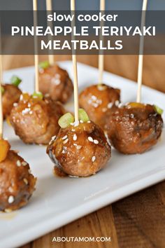 mini pineapple teriyaki meatballs on a white plate with toothpicks