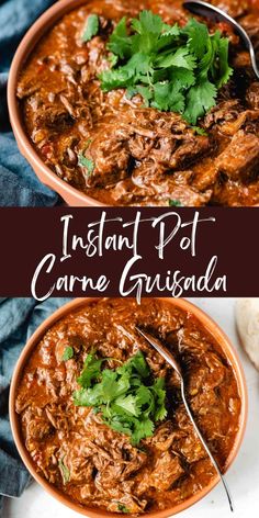 instant pot carne grusada in a bowl with cilantro garnishes