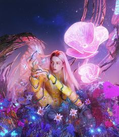 a woman with pink hair sitting in the middle of flowers and mushrooms, holding a cell phone