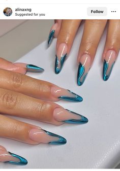 Chrome French, Blue Chrome, Custom Press On Nails, French Nail, Glam Nails, Nails Gel, Nail Charms