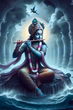 the god is sitting in the water with his flute