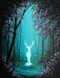 a painting of a deer standing in the middle of a forest