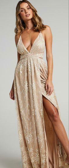 Glamorous V-neck Evening Dress With Back Opening, V-neck Evening Dress With Sequins For Date Night, Glamorous V-neck Evening Dress For Date Night, Glamorous V-neck Dress With Back Opening, Glamorous Backless Floor-length Dress For Night Out, Glamorous Floor-length Backless Dress For Night Out, Sequin V-neck Backless Evening Dress, Sequined V-neck Backless Dress For Evening, Glamorous Maxi Dress With Back Opening For Prom