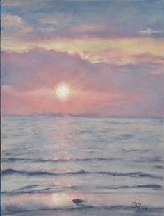 a painting of the sun setting over the ocean