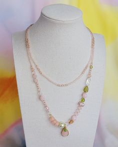 Handmade beaded necklace inspired by pink Anthurium. Long (35") clasp-free design allows for easy layering with other necklaces. This necklace features two crystal pendants and rose quartz beads. Pink Gemstone Beads Long Necklace, Pink Long Necklace With Gemstone Beads, Pink Anthurium, Handmade Beaded Necklace, Crystal Pendants, Handmade Beaded Necklaces, Rose Quartz Beads, Quartz Beads, Fort Worth