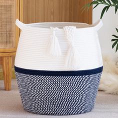 PRICES MAY VARY. 100%Cotton ⭐【100% NATURAL HANDMADE】:100% cotton rope,soft material without any chemicals woven basket. There are No plastics. No harsh chemicals. Our basket is soft and safe for kids and pets.our rope baskets are super durable and hold their shape well. they can be hand washed / air dried or put in your washer / dryer on delicate. ⭐【LARGE SIZE】: 17"x17"x17",which is a perfect woven storage basket in living room for blankets, throw pillows, comforter or cushions,blankets, baby di Dirty Clothes Basket Baby Boy, Laundry Basket For Baby Bath, Baby Boy Laundry Basket Gift, Navy Blue Laundry Basket, Laundry Basket For Baby Shower, Dyi Rope Basket, Baby Toy Chest, Blanket Basket For Living Room, Basket For Living Room