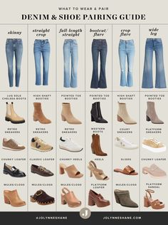 When it comes to pairing shoes with jeans, Jo-Lynne Shane has an extensive guide to what jean style goes with what type of shoe. From bootcut jeans to flare jeans to wide leg jeans and beyond, know which shoes are most flattering to wear with each. Follow for more over 40 trendy outfits and everyday fashion tips. Wardrobe For Women In Their 30s, Guess Outfits Women Fashion Styles, Shoes For Cropped Jeans, 8 Core Style Aesthetics, Hour Glass Outfits Casual, Dress In Your 30s For Women, Shoes To Wear With Cropped Flare Jeans, Coctail Attaire Woman Wedding, Casual Fall Capsule Wardrobe 2023