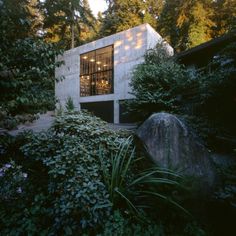 an exterior view of a house surrounded by greenery and trees in the evening light