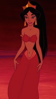 an animated image of a woman in a red dress