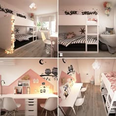 four different pictures of a bedroom with pink walls and white furniture, including bunk beds