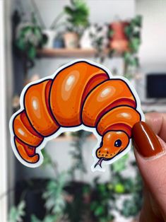 a hand holding an orange sticker that looks like a caterpillar