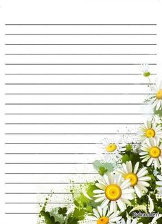 a notepad with daisies and green leaves on the bottom is lined in white paper