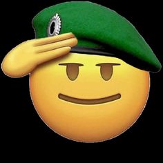 a smiley face wearing a green beret and holding his hand to his head with both hands